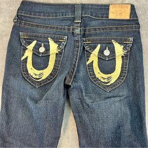 True Religion Women’s Painted Flap Pocket Western Low Rise Boot Cut Jeans 29